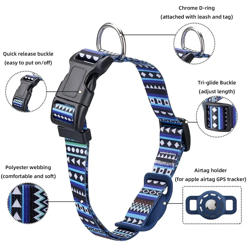 Airtag Dog Collar Large Bohemia Navy Blue‎ with Silicone Holder New
